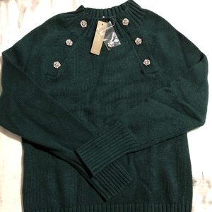 NEW JCREW CREWNECK SWEATER GREEN JEWELED BUTTONS